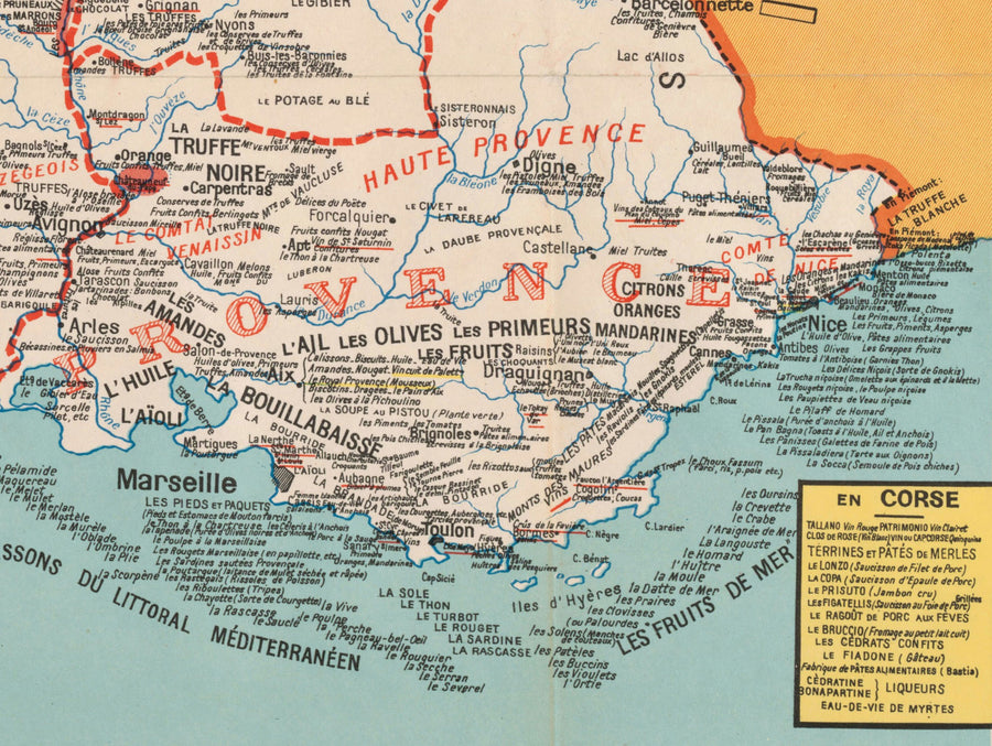 Alte gastronomische Karte von Frankreich im Jahr 1932 von Alain Bourguignon - Französisches Essen, Michelin, Champagner, Bordeaux, Butter, Käse usw. 