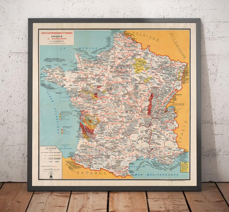 Alte gastronomische Karte von Frankreich im Jahr 1932 von Alain Bourguignon - Französisches Essen, Michelin, Champagner, Bordeaux, Butter, Käse usw. 
