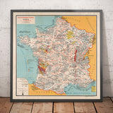 Antiguo mapa gastronómico de Francia en 1932 por Alain Bourguignon - Comida francesa, Michelin, Champagne, Burdeos, Mantequilla, Queso, etc.
