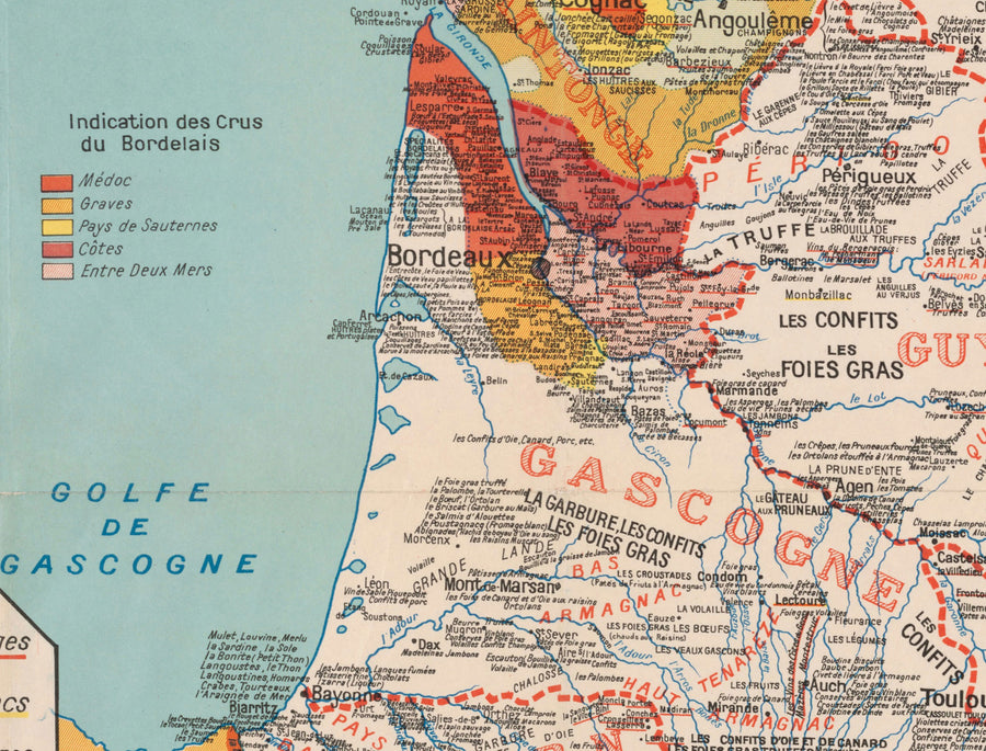 Alte gastronomische Karte von Frankreich im Jahr 1932 von Alain Bourguignon - Französisches Essen, Michelin, Champagner, Bordeaux, Butter, Käse usw. 