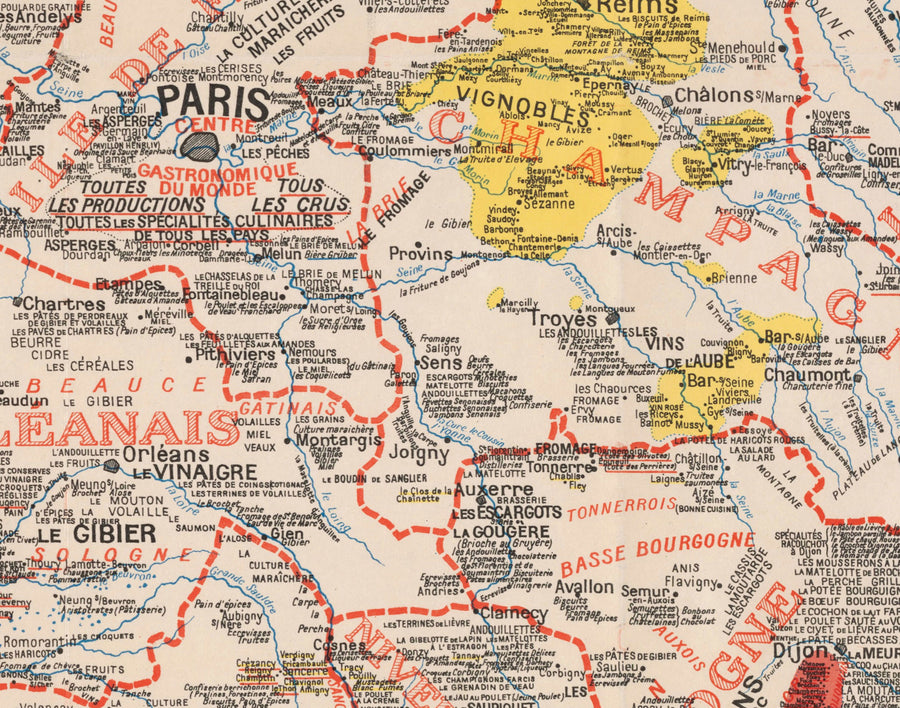Alte gastronomische Karte von Frankreich im Jahr 1932 von Alain Bourguignon - Französisches Essen, Michelin, Champagner, Bordeaux, Butter, Käse usw. 