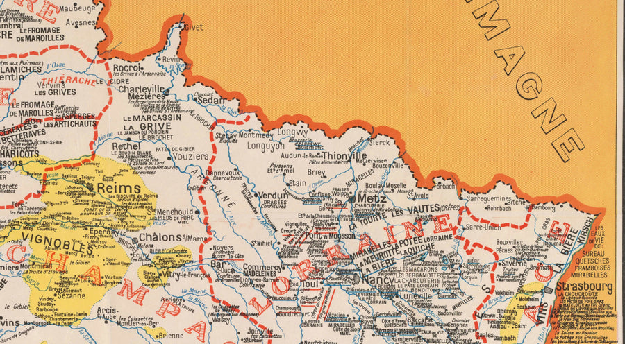 Alte gastronomische Karte von Frankreich im Jahr 1932 von Alain Bourguignon - Französisches Essen, Michelin, Champagner, Bordeaux, Butter, Käse usw. 