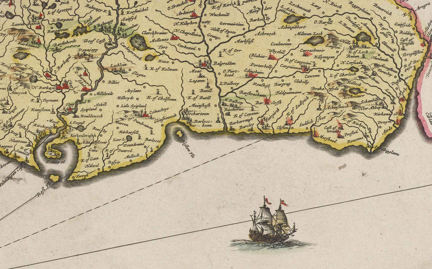 Ancienne carte de Galloway en 1665 par Joan Blaeu - Dumfries, Glenluce, Wigtown, Whithorn, Drummore