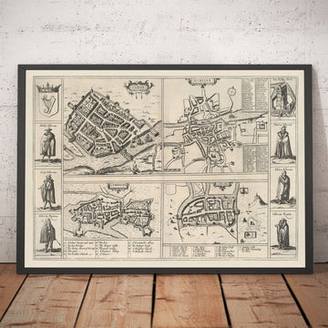 Old map of Dublin, Limerick, Cork and Galway in 1618 by Georg Braun - Ancient Eire City Charts