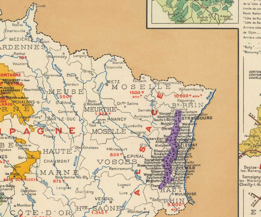 Alte Karte der Weinbaugebiete in Frankreich "La France Vinicole", 1939 - Bordeaux, Bourgogne, Champagne, Côtes Du Rhône, Bergeracois 