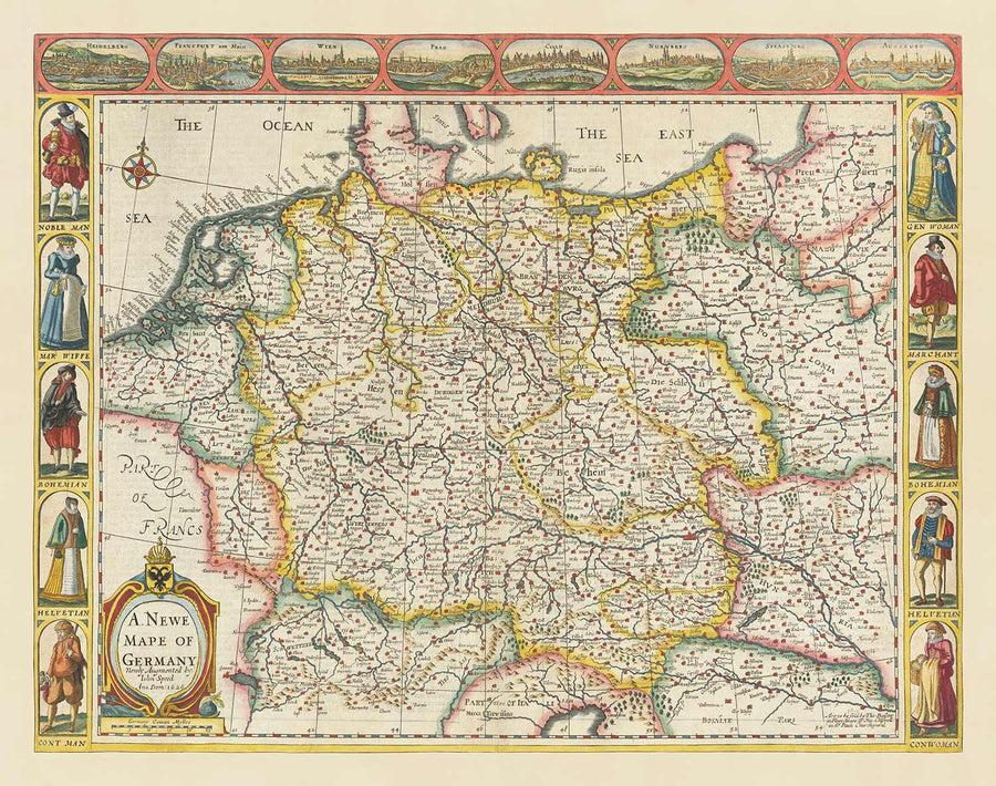 Vecchia mappa della Germania di John Speed, 1627 - Sacro Romano Impero, Impero tedesco - Austria, Repubblica Ceca, Polonia, Svizzera 