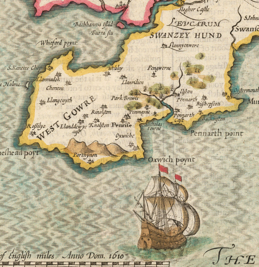 Alte Karte von Glamorgan Wales, 1611 von John Speed - Cardiff, Swansea, Bridgend, Port Talbot, Barry 