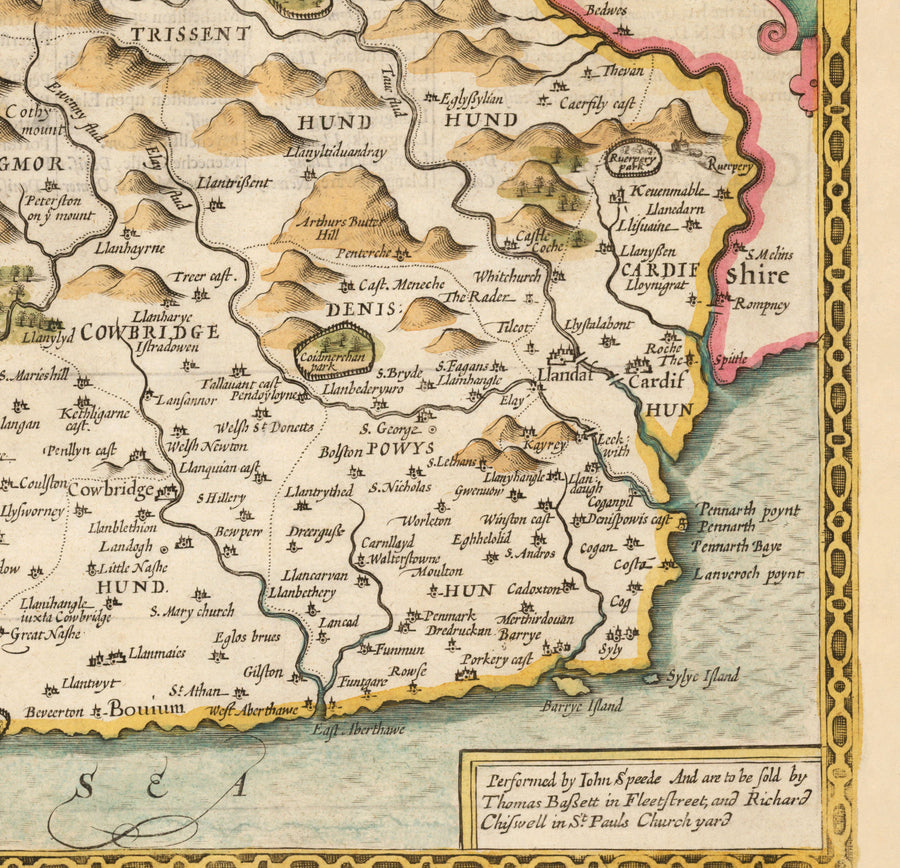Alte Karte von Glamorgan Wales, 1611 von John Speed - Cardiff, Swansea, Bridgend, Port Talbot, Barry 