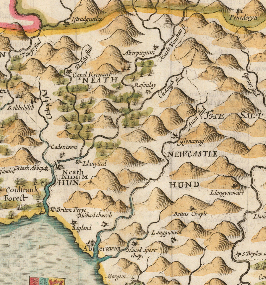 Alte Karte von Glamorgan Wales, 1611 von John Speed - Cardiff, Swansea, Bridgend, Port Talbot, Barry 