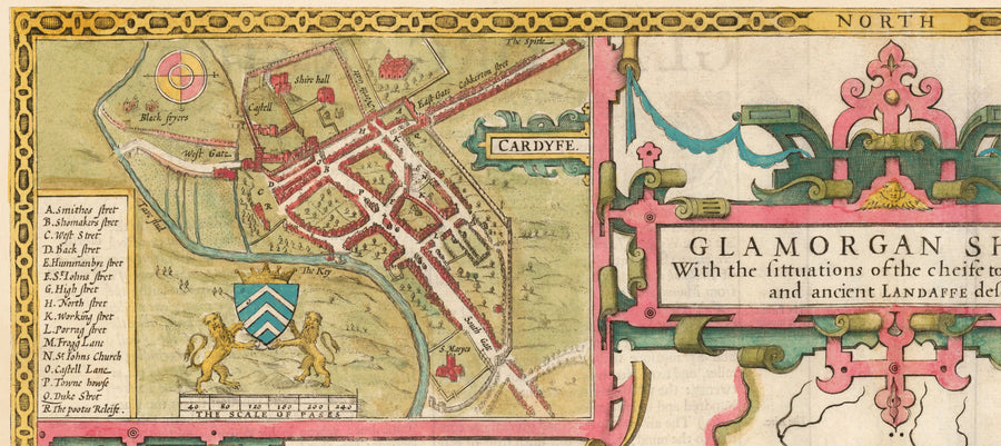 Alte Karte von Glamorgan Wales, 1611 von John Speed - Cardiff, Swansea, Bridgend, Port Talbot, Barry 