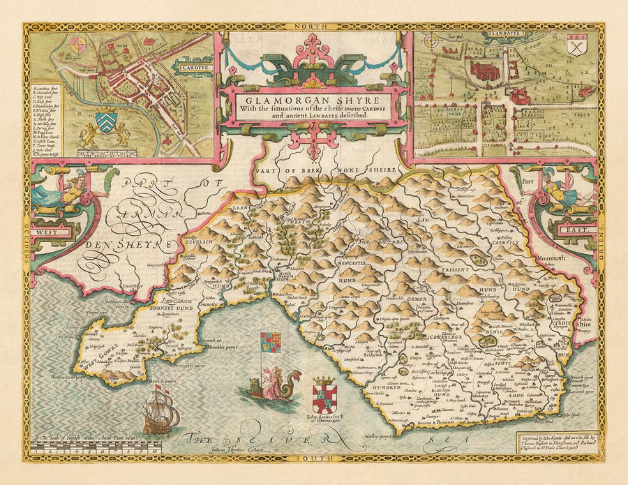 Alte Karte von Glamorgan Wales, 1611 von John Speed - Cardiff, Swansea, Bridgend, Port Talbot, Barry 
