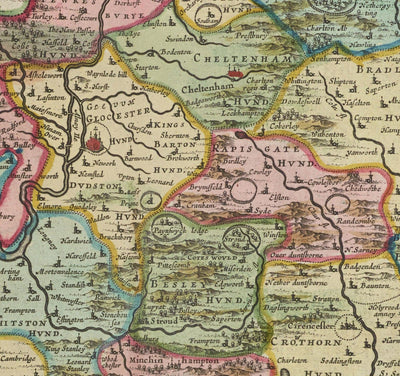 Old Map of Gloucestershire in 1665 by Joan Blaeu - Bristol, Cheltenham, Gloucester, Kingswood, Filton, Stroud
