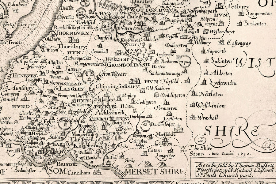 Alte Karte von Gloucestershire, 1611 von John Speed - Bristol, Cheltenham, Gloucester, Kingswood, Filton, South 