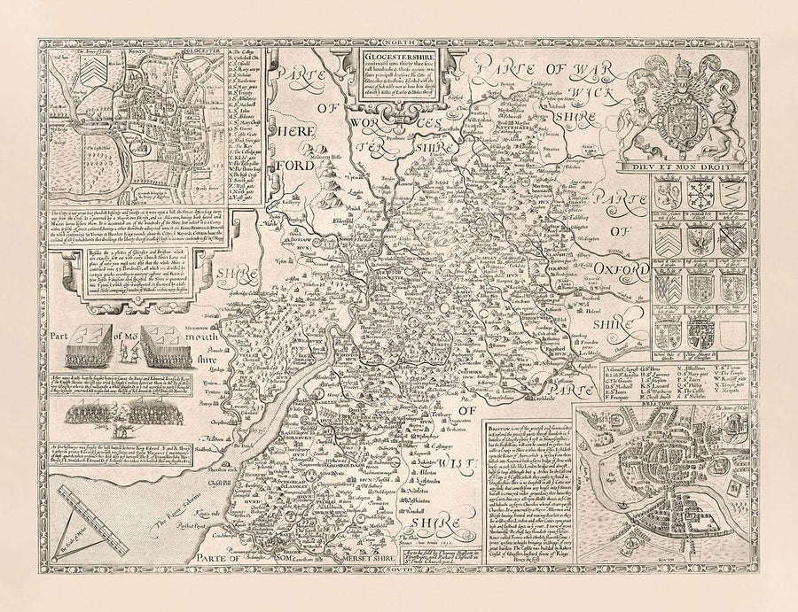 Alte Karte von Gloucestershire, 1611 von John Speed - Bristol, Cheltenham, Gloucester, Kingswood, Filton, South 