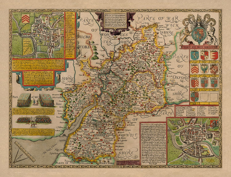 Old Map of Gloucestershire, 1611, John Speed - Bristol, Cheltenham, Gloucester, Kingswood, Filton