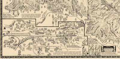 Ancienne carte illustrée du Grand Canyon en 1931 par Jo Mora - Arizona, fleuve Colorado, Horseshoe Bend, Amérindiens