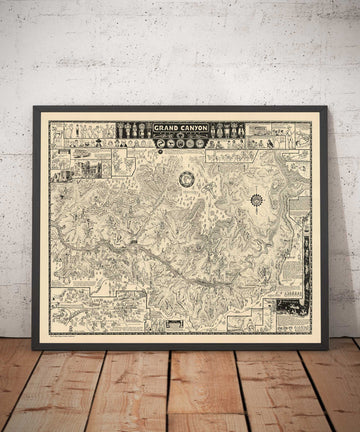 Mappa illustrativa antica del Grand Canyon nel 1931 di Jo Mora - Arizona, fiume Colorado, Horseshoe Bend, nativi americani 