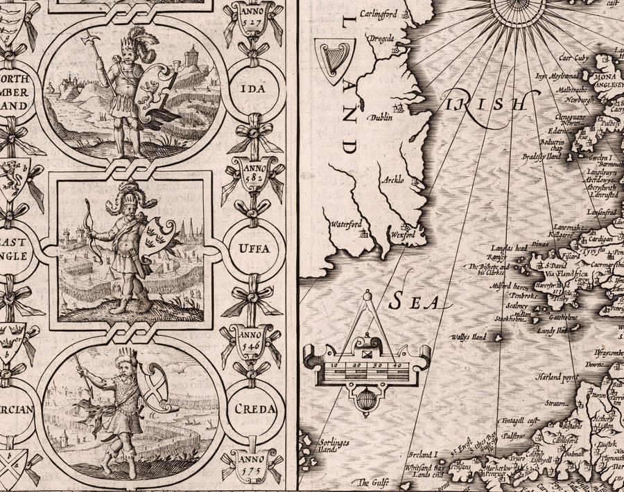 Alte Wikingerkarte von England, Wales und Schottland, 1611 von John Speed - Angelsächsische Heptarchie-Karte von Großbritannien 