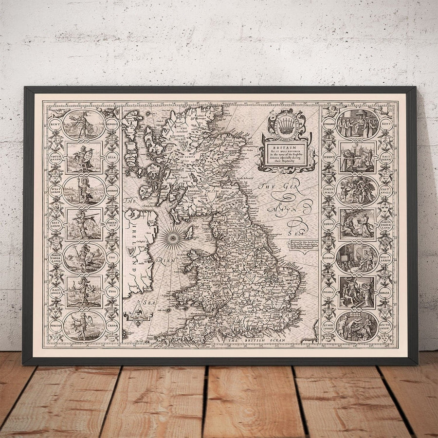 Alte Wikingerkarte von England, Wales und Schottland, 1611 von John Speed - Angelsächsische Heptarchie-Karte von Großbritannien 
