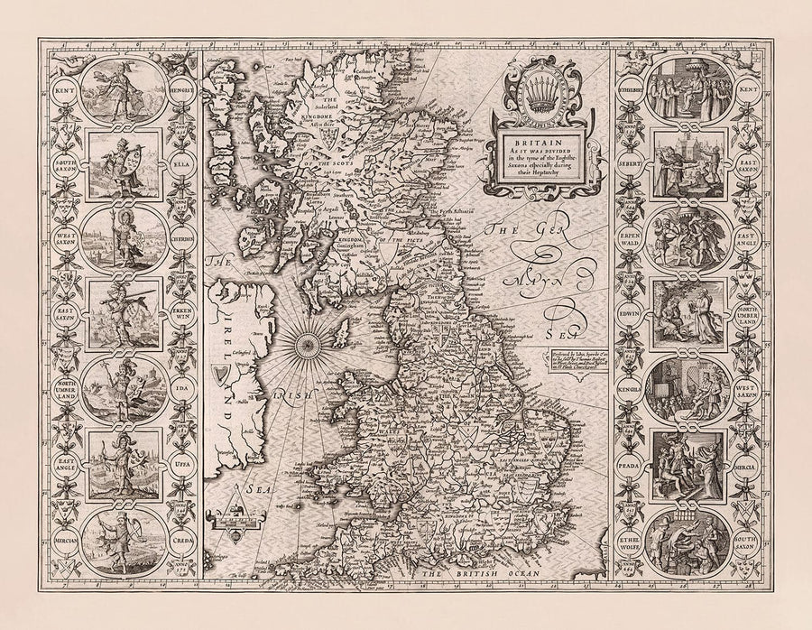 Alte Wikingerkarte von England, Wales und Schottland, 1611 von John Speed - Angelsächsische Heptarchie-Karte von Großbritannien 