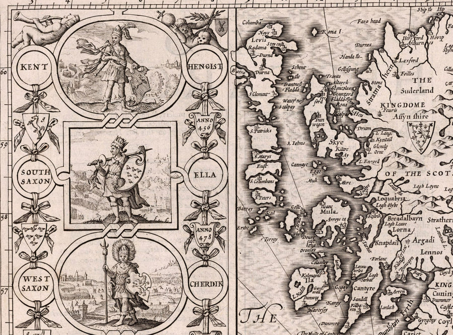 Alte Wikingerkarte von England, Wales und Schottland, 1611 von John Speed - Angelsächsische Heptarchie-Karte von Großbritannien 