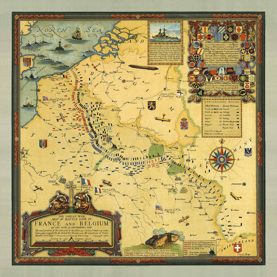 Alte Karte des Ersten Weltkriegs, WW1 - England, Frankreich, Deutschland, Belgien, Flandern Schlachtlinien 