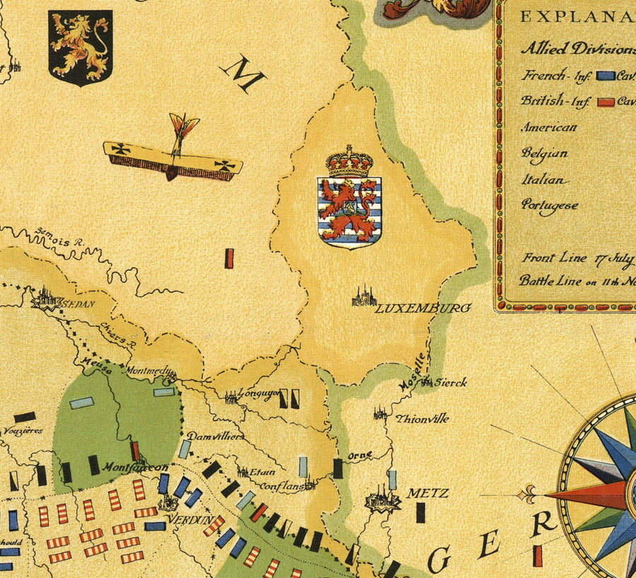 Alte Karte des Ersten Weltkriegs, WW1 - England, Frankreich, Deutschland, Belgien, Flandern Schlachtlinien 