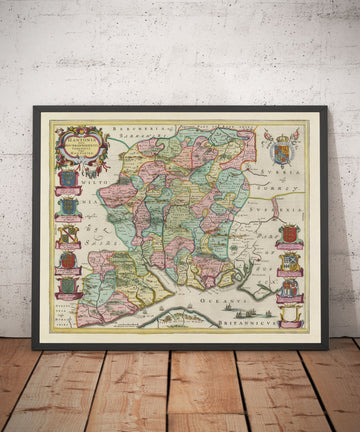 Mapa antiguo de Hampshire, 1665 por Joan Blaeu - Winchester, Portsmouth, Southampton, Basingstoke, Farnborough, Havant