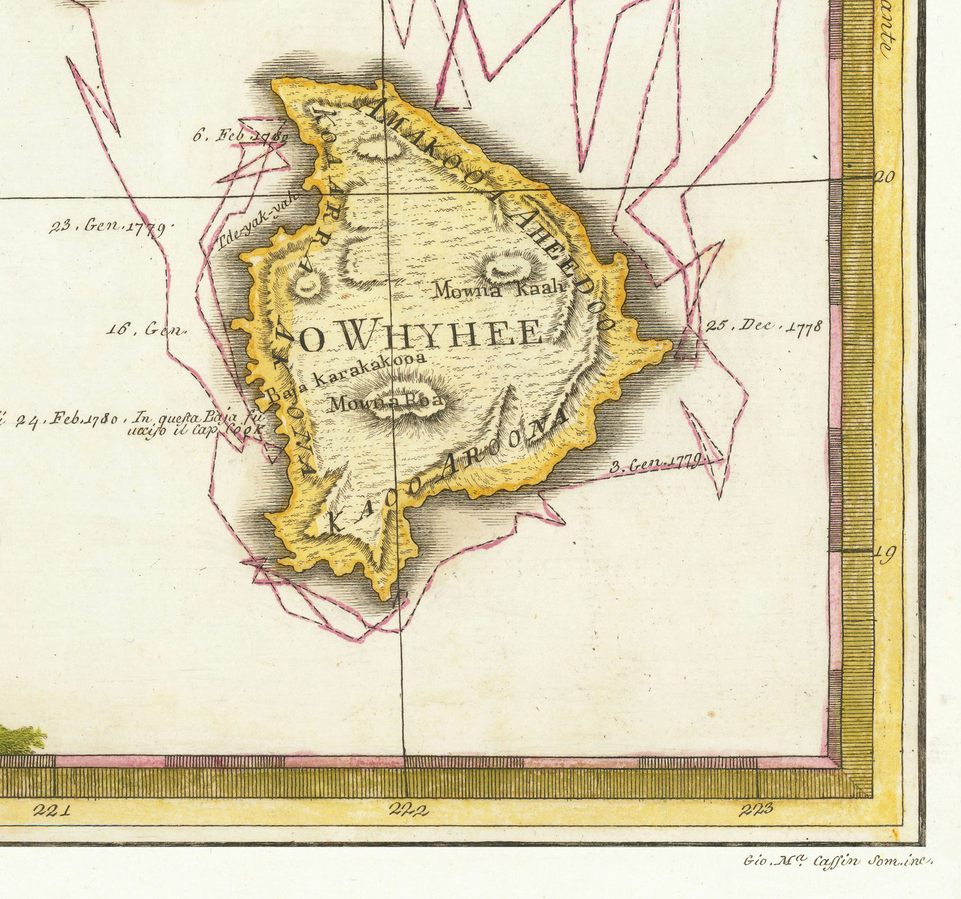 Ancienne carte d'Hawaï en 1785 par Giovanni Cassini - Îles Sandwich, Maui, O'ahu, Honolulu, Océan Pacifique