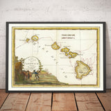 Old Map of Hawaii in 1785 by Giovanni Cassini - Sandwich Islands, Maui, O‘ahu, Honolulu, Pacific Ocean