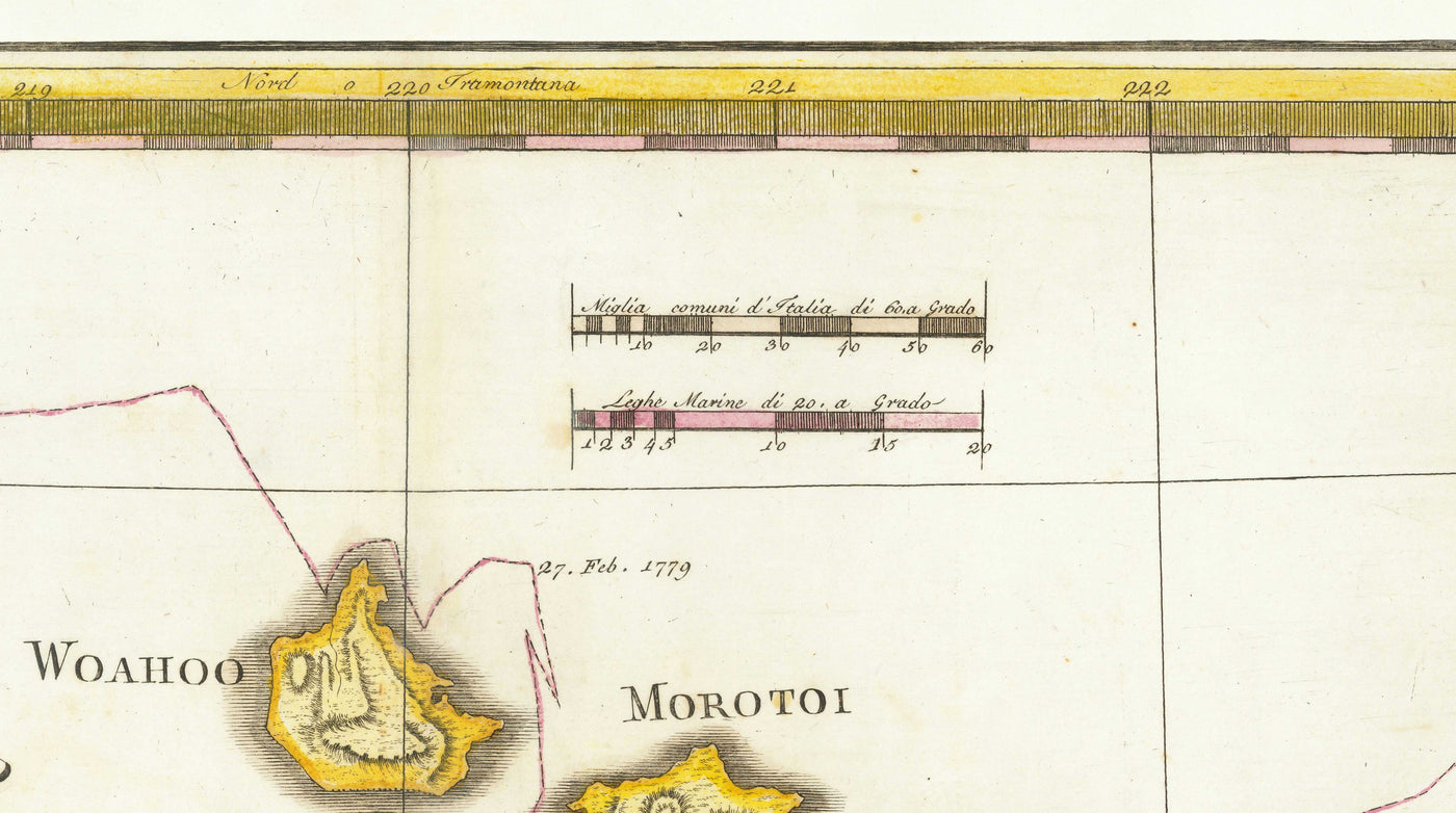 Ancienne carte d'Hawaï en 1785 par Giovanni Cassini - Îles Sandwich, Maui, O'ahu, Honolulu, Océan Pacifique