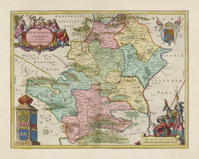 Alte Karte von Hertfordshire, 1665 von Blaeu - Stevenage, St Albans, Watford, Enfield, Barnet, Hatfield, Hemel Hempstead
