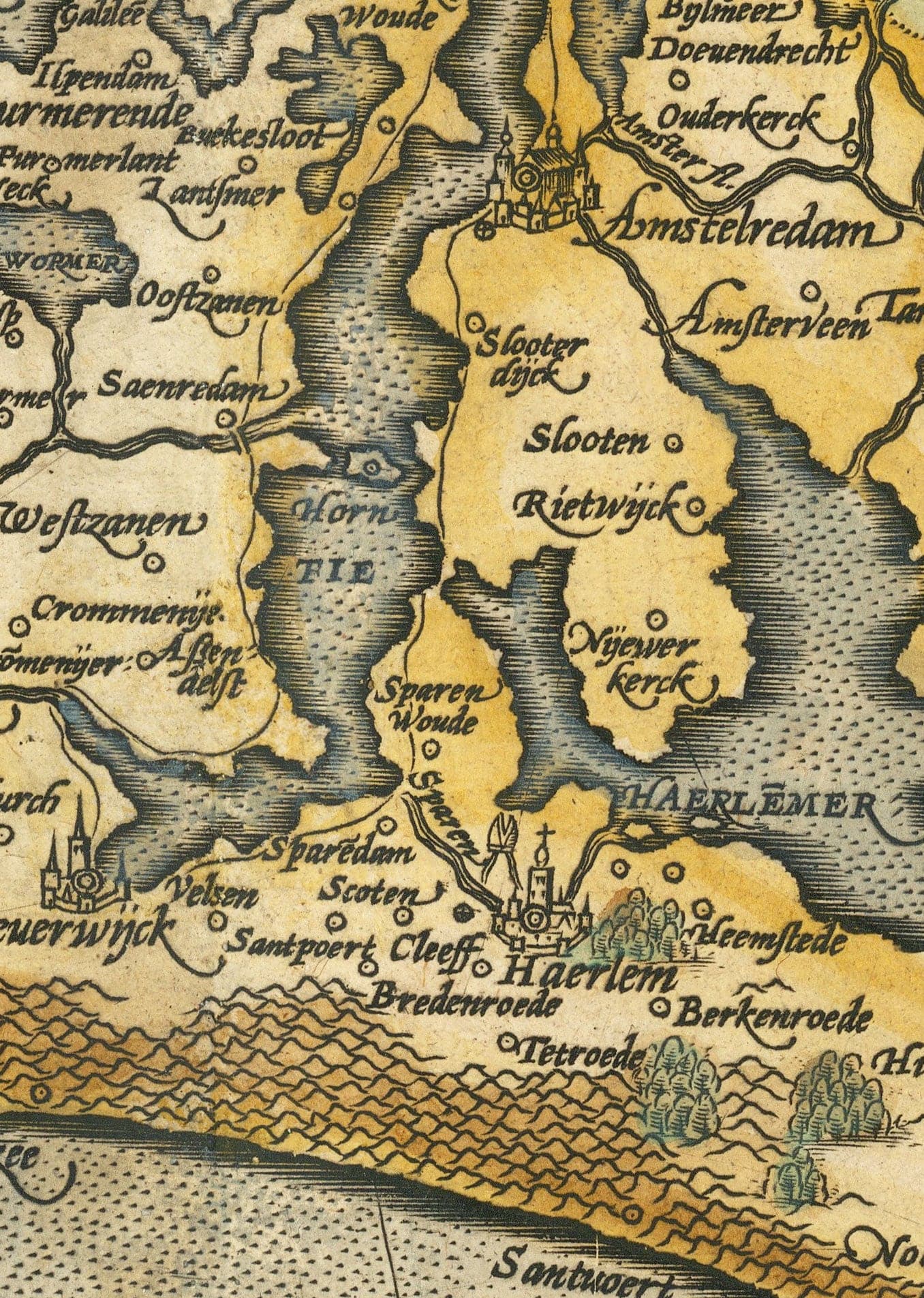 Mapa antiguo de Holanda y Utrecht, 1595 de Abraham Ortelius - Ámsterdam, Rotterdam, Hague, Utrecht