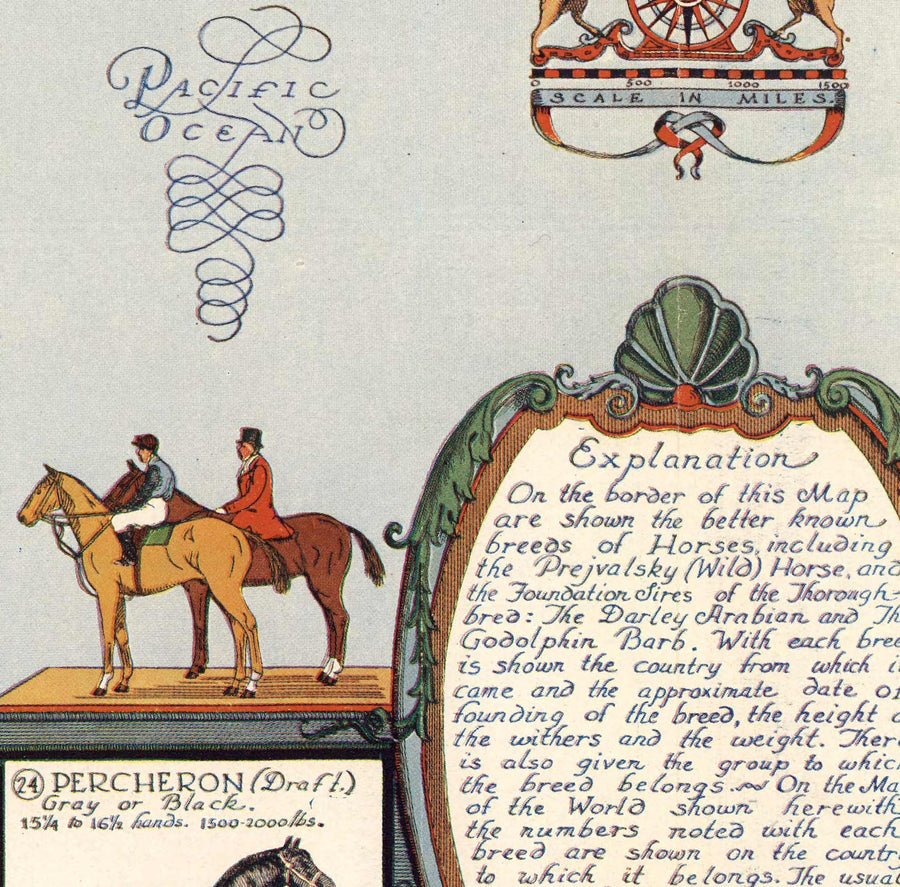 Alte Pferdekarten, 1936 - Alte Weltatlas-Karte mit Ursprüngen der Rassen - Vollblut, Mustang, Shire, Polo-Pony, Araber 