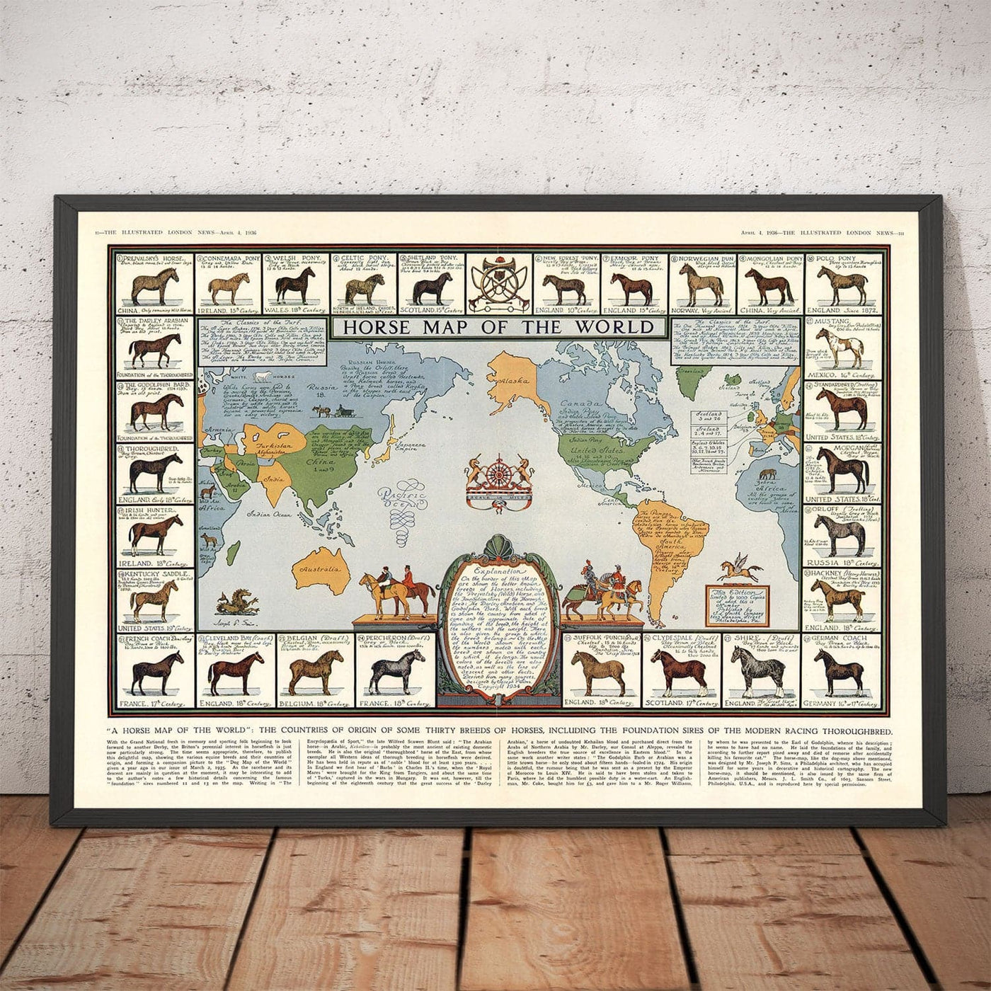 Vieille carte des chevaux, 1936 - Vieille carte de l'Atlas mondial avec les origines des races - Pur-sang, Mustang, Shire, Poney de Polo, Arabe