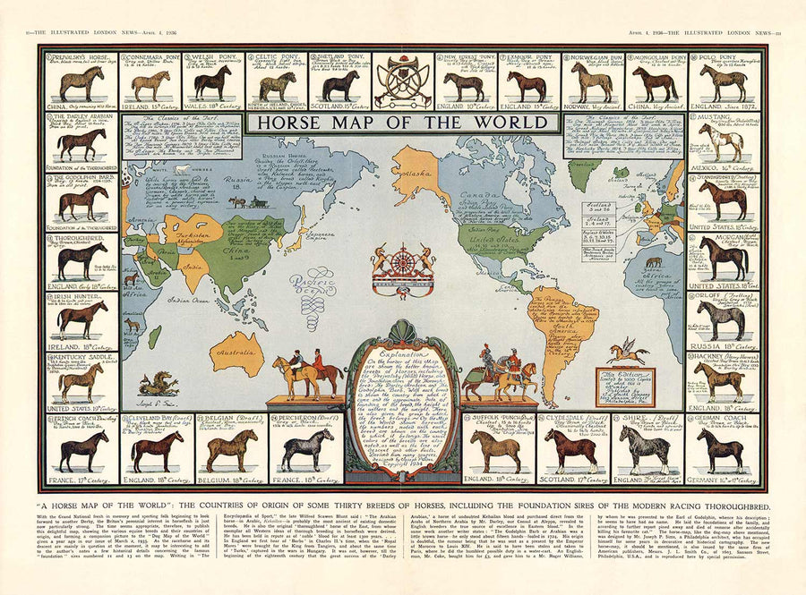 Alte Pferdekarten, 1936 - Alte Weltatlas-Karte mit Ursprüngen der Rassen - Vollblut, Mustang, Shire, Polo-Pony, Araber 