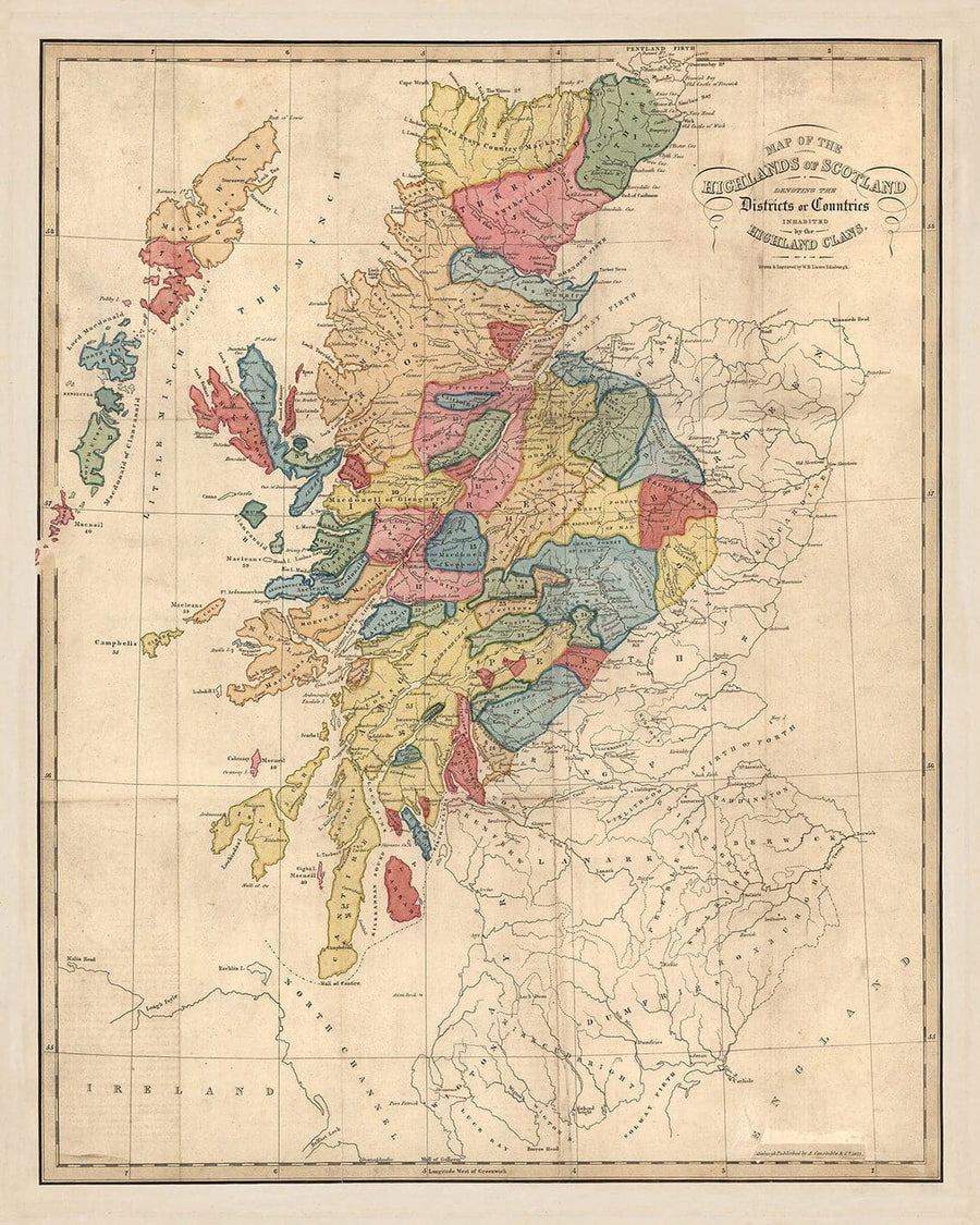 Schottland Clan-Karte - Seltene Farbkartierung der Highlands von Schottland von WH Lizars, 1822 