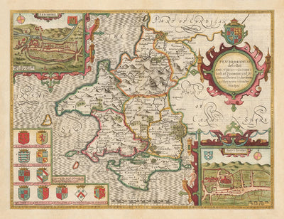 Ancienne carte de Pembrokeshire Galles 1611 John Vitesse - Haverfordwest, St Davids, Garde de poisson