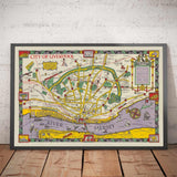 Ancienne carte de Liverpool, 1934 par GH Parry - Tableau de la ville pictoriale - Mersey, quais, parcs, bâtiments anciens