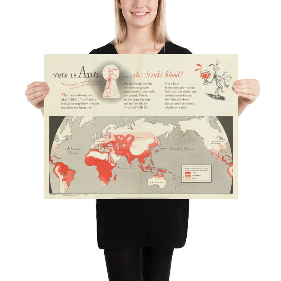 Alte Weltkarte von Dr. Seuss, 1943 - US Army Malaria Wandkarte aus dem Zweiten Weltkrieg 