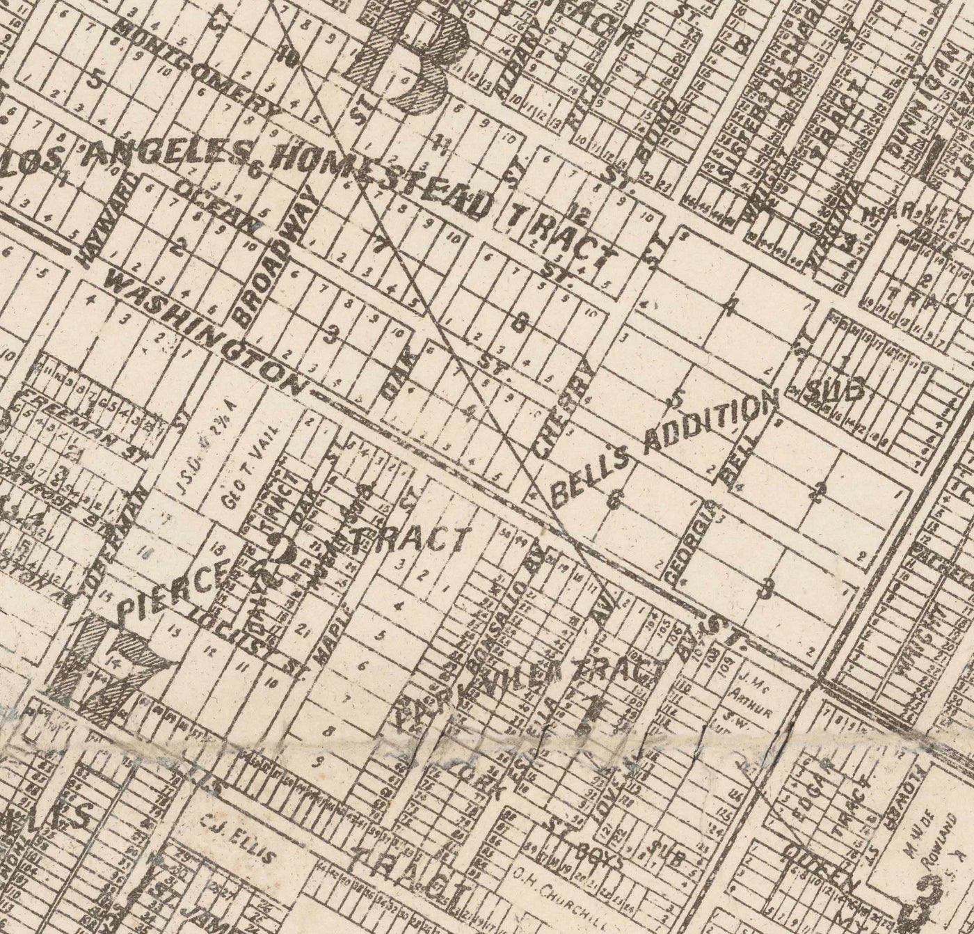 Viejo mapa de Los Ángeles, 1887 - Gráfico de la ciudad rara - Downtown, Chinatown, Distrito Financiero, Fila de Skid, Distrito de Moda