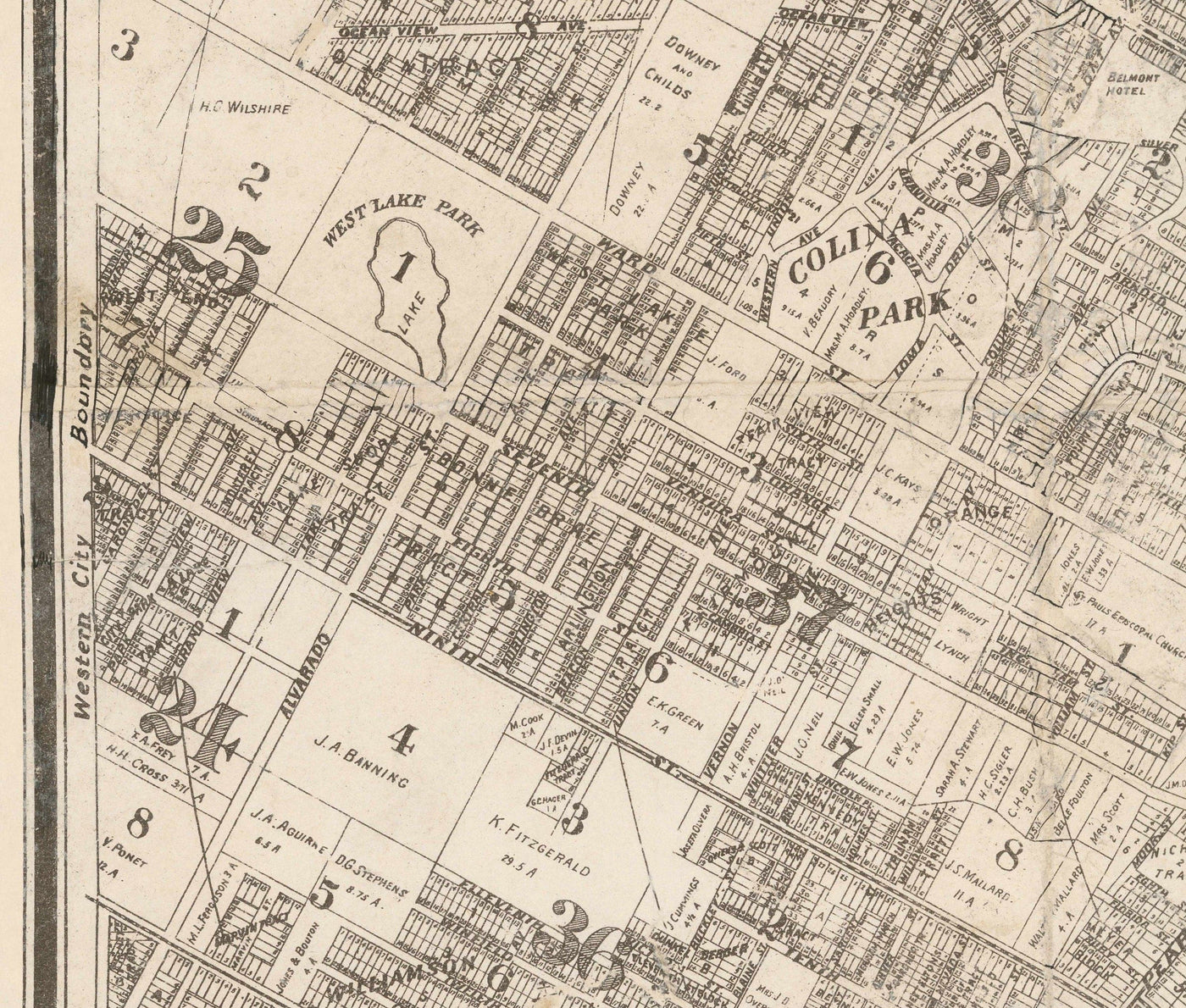 Alte Karte von Los Angeles, 1887 - Seltenes Stadtdiagramm - Downtown, Chinatown, Financial District, Skid Row, Modeviertel
