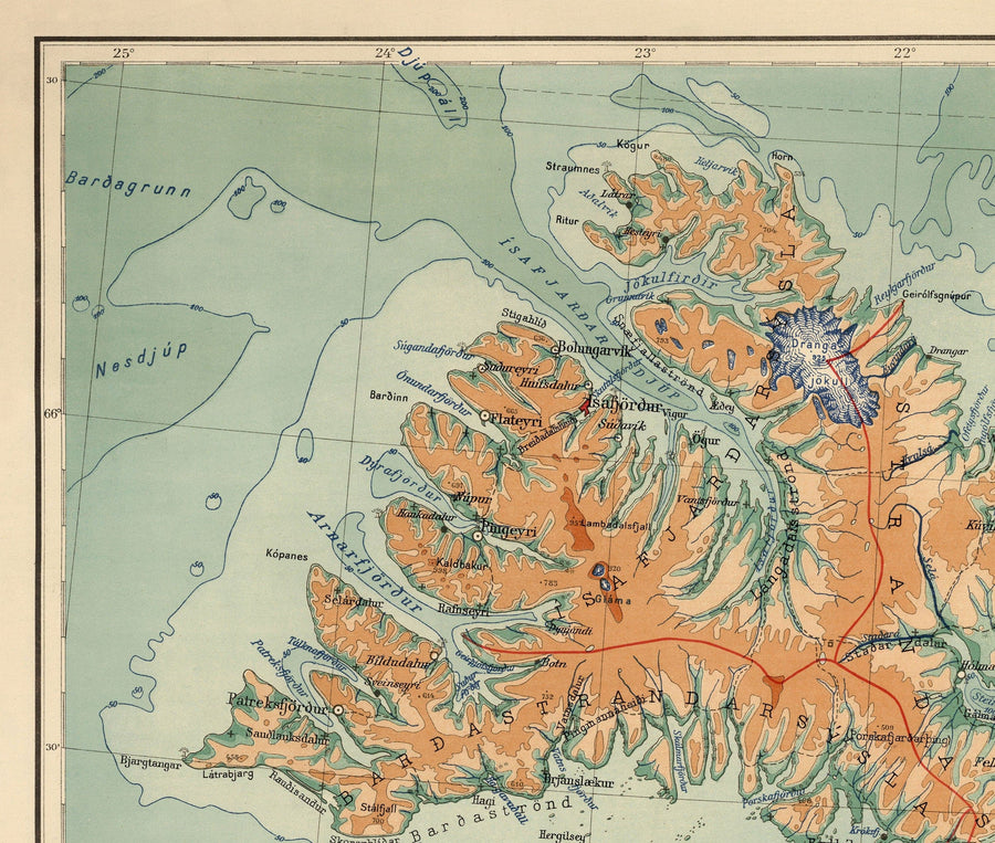 Alte Karte von Island von Samuel Eggertsson, 1928 - Reykjavik, Keflavik, Geysir, Gulfoss, Vulkane, Gletscher 
