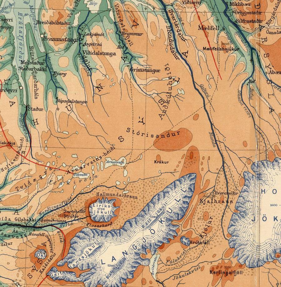 Alte Karte von Island von Samuel Eggertsson, 1928 - Reykjavik, Keflavik, Geysir, Gulfoss, Vulkane, Gletscher 