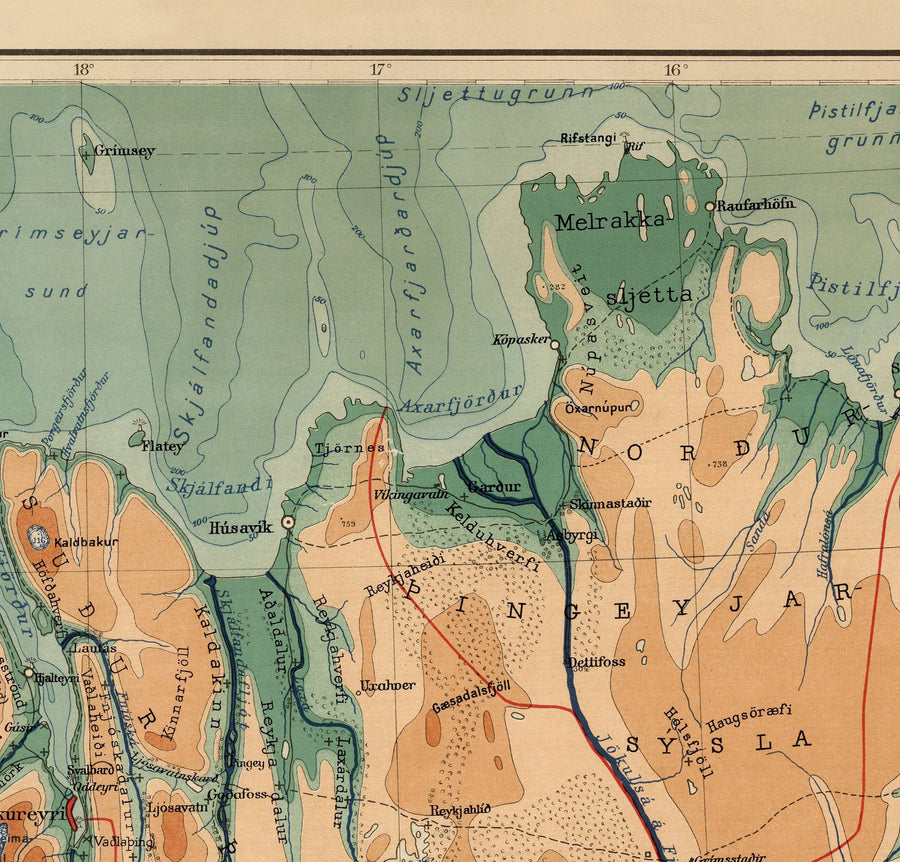 Alte Karte von Island von Samuel Eggertsson, 1928 - Reykjavik, Keflavik, Geysir, Gulfoss, Vulkane, Gletscher 