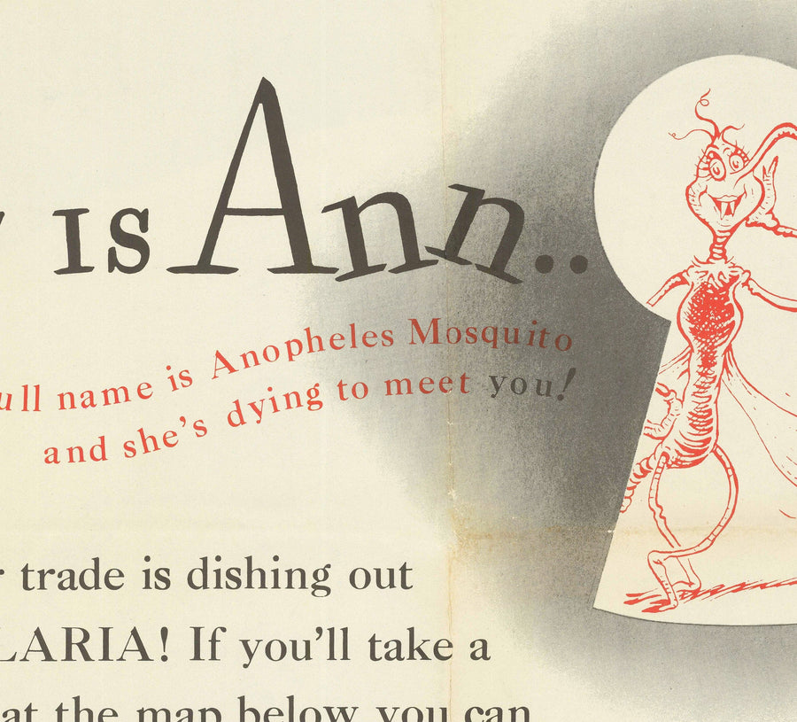 Alte Weltkarte von Dr. Seuss, 1943 - US Army Malaria Wandkarte aus dem Zweiten Weltkrieg 