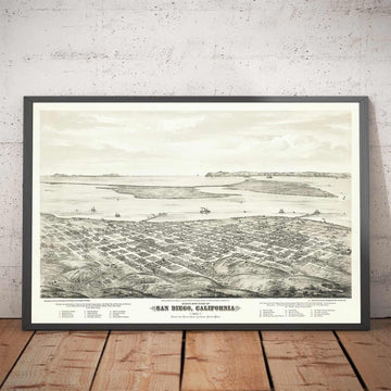 Rare Old Map of San Diego by Eli Sheldon Glover, 1876 - Birds Eye, Downtown Oldtown, East Village, Cortez Hill