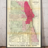 Viejo mapa de Chicago después del Gran Fuego, 1871, Gaylord Watson - Downtown, Lake Michigan, Río, Wards, Burnt District