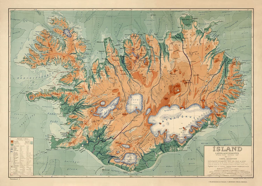 Alte Karte von Island von Samuel Eggertsson, 1928 - Reykjavik, Keflavik, Geysir, Gulfoss, Vulkane, Gletscher 