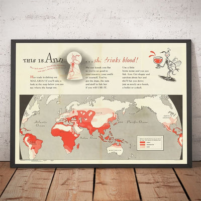 Carte ancienne du monde de Dr. Seuss, 1943 - Tableau murale du paludisme de l'armée américaine de la Seconde Guerre mondiale 2